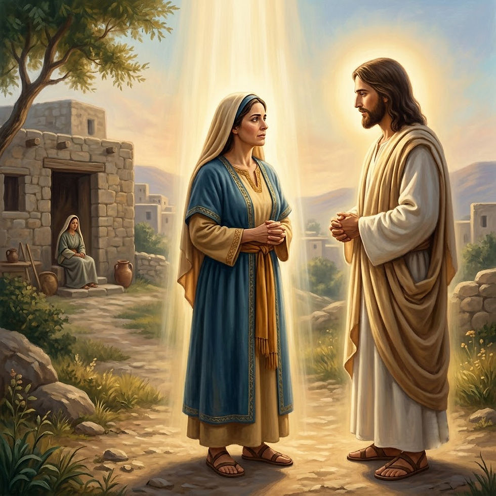 Alt Text: Biblical oil painting of a calm, focused Martha standing in a beam of heavenly light while speaking face-to-face with Jesus outside a stone house.