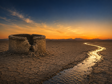 A cracked, empty stone well in a desert at sunset, with a glowing stream of water winding past it in the dry earth.