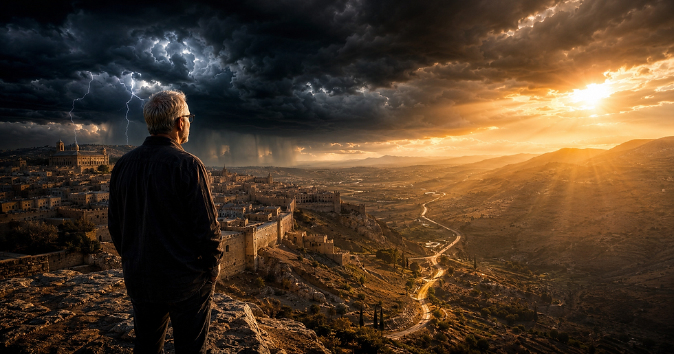 A man stands on a rocky overlook gazing out over an ancient stone city, with a stormy sky split between lightning-filled darkness on the left and golden sunlight breaking through on the right, a winding road leading toward distant mountains below.