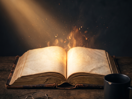 A glowing open book with magical particles rising from its pages, accompanied by a pair of reading glasses and a mug on a rustic wooden table.