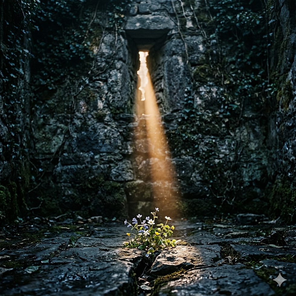 Ancient stone corridor in shadow with a single beam of golden light falling on wildflowers growing from a crack in the floor.