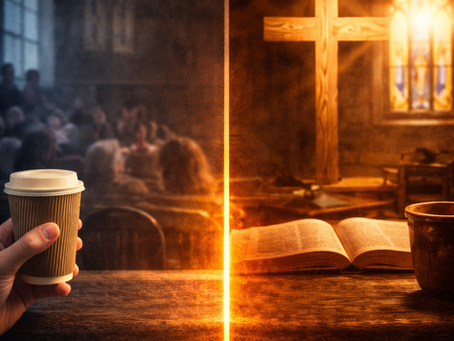 A split church scene shows a hand holding a coffee cup on one side and a glowing cross with an open Bible on the other, symbolizing consumer faith versus true devotion.