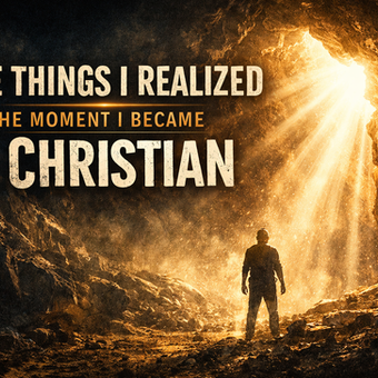 A lone man stands inside a dark cave as a powerful beam of golden light breaks through the rock above, symbolizing spiritual awakening and transformation, with bold text reading “The Things I Realized the Moment I Became a Christian.”