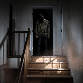 Interior view up dark stairs. A man holds a lantern, facing a menacing figure standing in the shadows at the top.