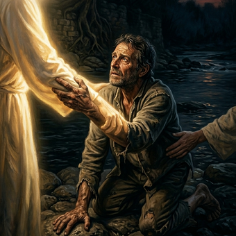 A exhausted man kneels on a rocky riverbank at night, desperately gripping the arm of a glowing divine figure, his face lifted in longing as dawn breaks on the horizon.
