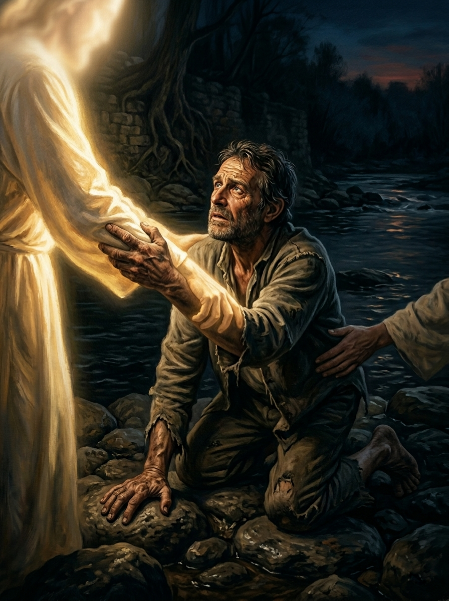 A exhausted man kneels on a rocky riverbank at night, desperately gripping the arm of a glowing divine figure, his face lifted in longing as dawn breaks on the horizon.
