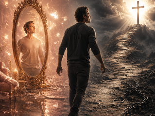 A man turns away from an idealized reflection in a glowing shattered mirror and walks toward a cross-lit path, with broken chains scattered nearby.