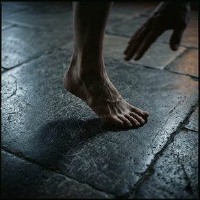 A bare foot stepping hesitantly on a worn stone floor, with a confident hand visible in the background moving ahead of it.