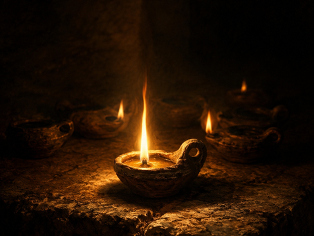 A clay oil lamp burns brightly on ancient stone, with two smaller flames glowing in the darkness behind it.