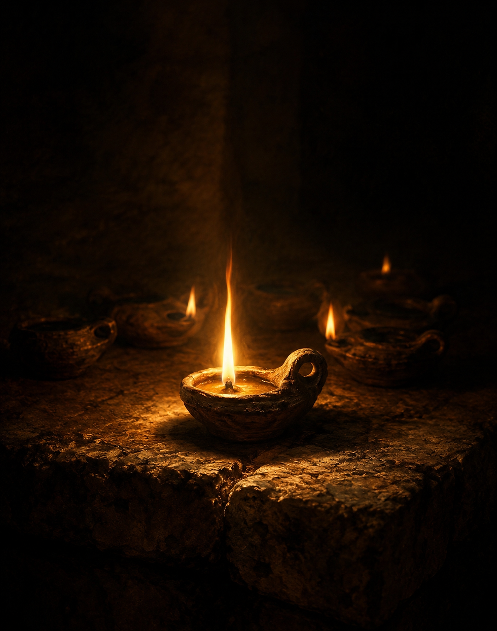 A clay oil lamp burns brightly on ancient stone, with two smaller flames glowing in the darkness behind it.