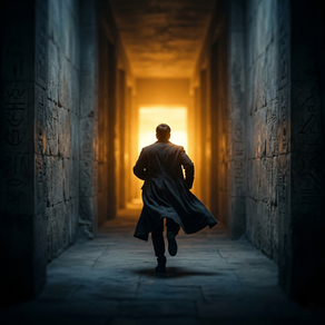 A man in a long dark coat runs alone down a stone corridor toward a blinding amber light, his back to the viewer.