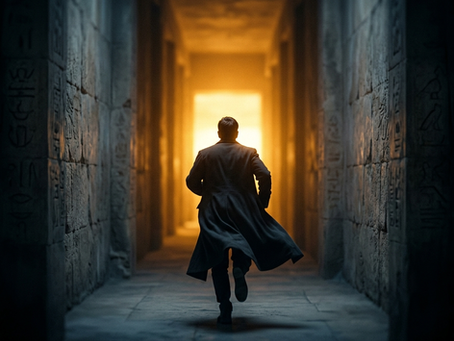 A man in a long dark coat runs alone down a stone corridor toward a blinding amber light, his back to the viewer.