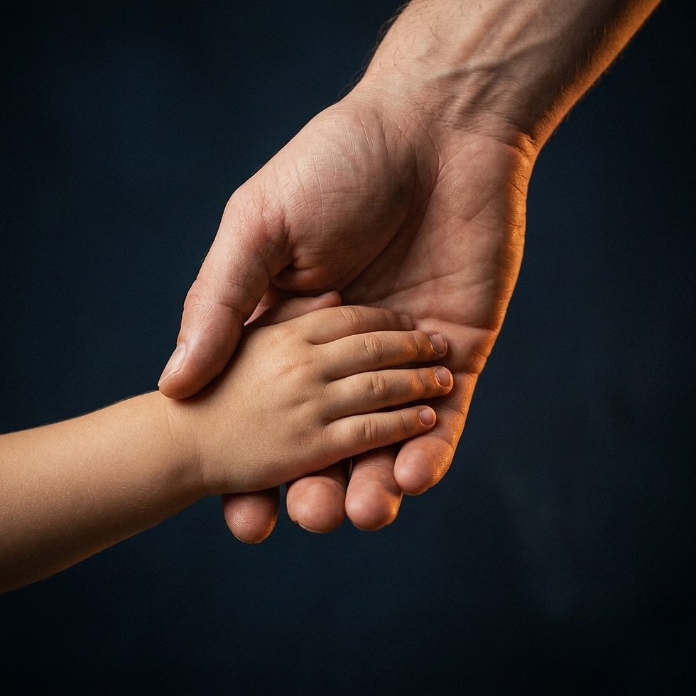 A small child's hand resting gently in the open palm of a larger adult hand, warmly lit against a deep midnight-blue background.