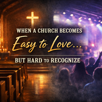 Traditional church on one side and modern worship concert on the other with text about a church becoming hard to recognize.
