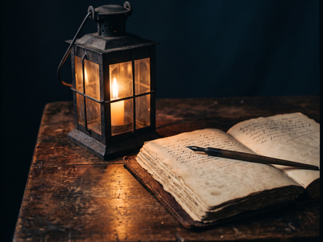 A close-up, dimly lit still life featuring an old wrought-iron lantern casting a warm amber glow over an open, handwritten journal and a steel pen on a rustic wooden desk.