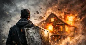 Man holding a shield stands before a burning house, symbolizing spiritual protection, pressure, and standing firm in crisis.