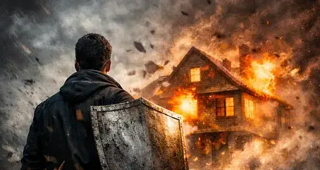 Man holding a shield stands before a burning house, symbolizing spiritual protection, pressure, and standing firm in crisis.