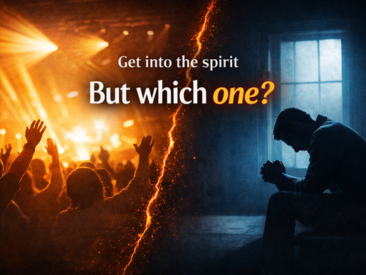 Split image showing emotional church worship with raised hands on one side and a quiet person in prayer on the other, with text “Get into the spirit… but which one?”