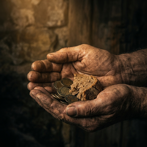 Weathered, calloused hands held open, cradling a few coins and a torn piece of bread against a dark, aged stone background.
