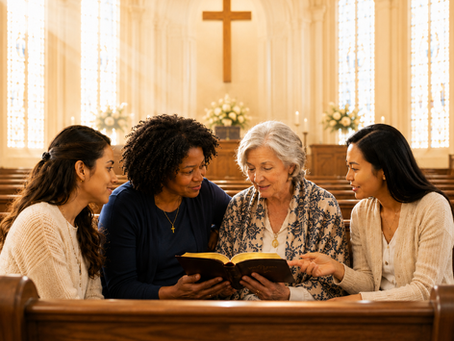 Four Christian women gather closely around an open Bible in a church pew, with glowing windows and a wooden cross behind them.