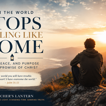 A cinematic Christian blog graphic showing a person sitting on a mountain overlook at sunrise, gazing across a glowing valley while reflecting on hope, peace, and faith in Christ. Large text reads “When the World Stops Feeling Like Home,” alongside a Bible verse from John 16:33 and Watcher’s Lantern branding in midnight blue and warm gold tones.