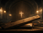 A wooden plank rests across a closed Bible in a dimly lit church, with a glowing cross blurred in the background.