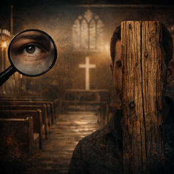 A man stands in a dim church with a wooden plank covering one eye while a magnifying glass highlights another eye, symbolizing spiritual blindness and judgment.