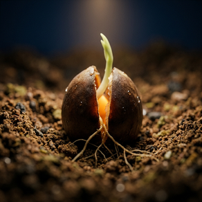 A close-up of a seed cracking open in dark soil, glowing with a warm amber light as a single green shoot grows upward.