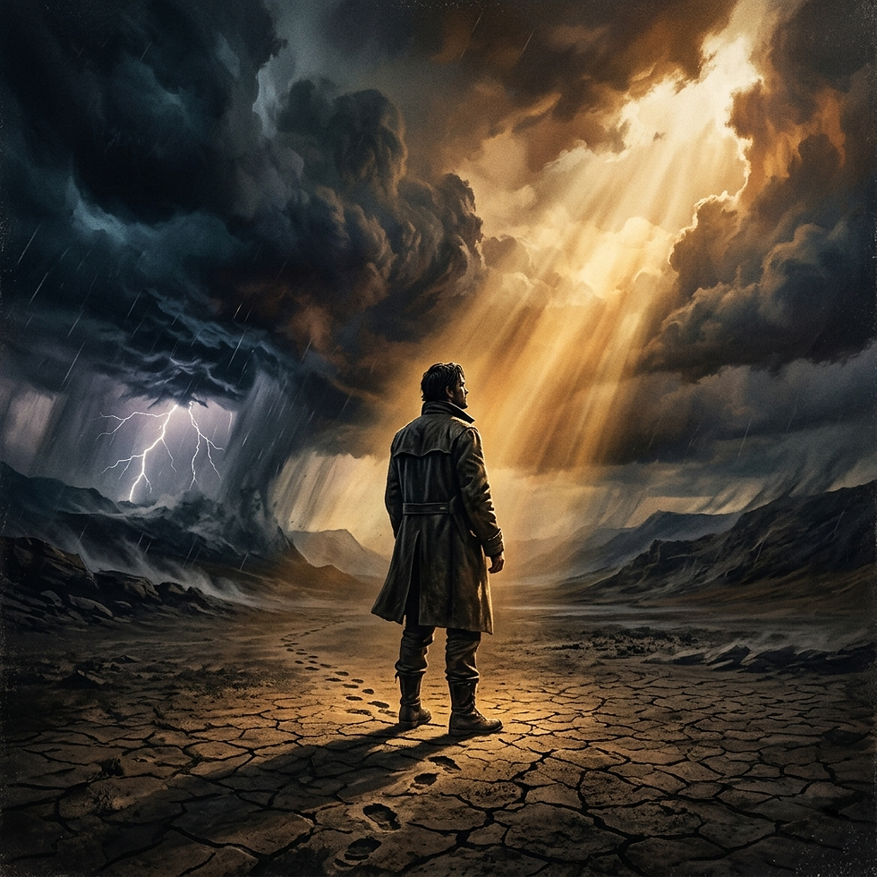 A lone figure stands unmoved on cracked earth as a storm rages and golden light breaks through.