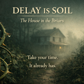 A misty rural scene with a narrow path, thorn-covered plants, and a house in the background, with text promoting “The House in the Briars” and the phrase “Delay Is Soil.”
