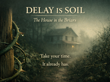 A misty rural scene with a narrow path, thorn-covered plants, and a house in the background, with text promoting “The House in the Briars” and the phrase “Delay Is Soil.”