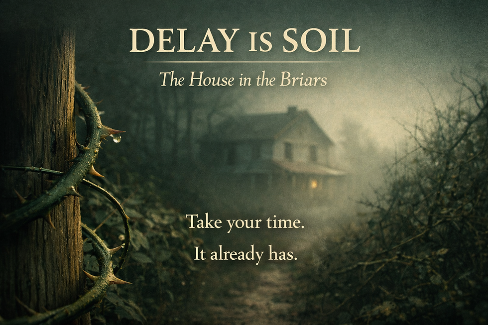 A misty rural scene with a narrow path, thorn-covered plants, and a house in the background, with text promoting “The House in the Briars” and the phrase “Delay Is Soil.”