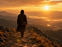 A lone messenger walks a rocky mountain path toward a vast golden sunrise, overlooking misty valleys and a winding river below.
