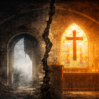 A cracked church interior split between decay and light, with a ruined archway on one side and a glowing stained-glass cross on the other.