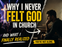 A dramatic split-image thumbnail showing a crowded modern church worship service on the left with raised hands, bright stage lights, and a glowing cross, contrasted by a lone thoughtful man sitting quietly in church pews on the right. Large bold text reads: “WHY I NEVER FELT GOD IN CHURCH” with smaller text below saying “AND WHAT I FINALLY REALIZED.” A handwritten arrow points toward the solitary man, and a yellow banner at the bottom reads: “YOU’RE NOT ALONE.”