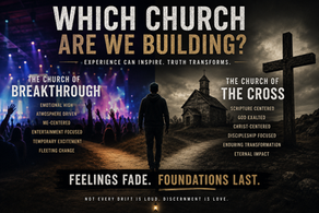 Split-image Christian blog graphic contrasting two church paths. On the left, a modern worship concert with bright lights and raised hands represents emotion-driven church culture. On the right, a dark traditional church beside a large cross symbolizes Scripture-centered faith. A lone figure stands between the two paths. Large text reads: “Which Church Are We Building?” and “Feelings Fade. Foundations Last.”