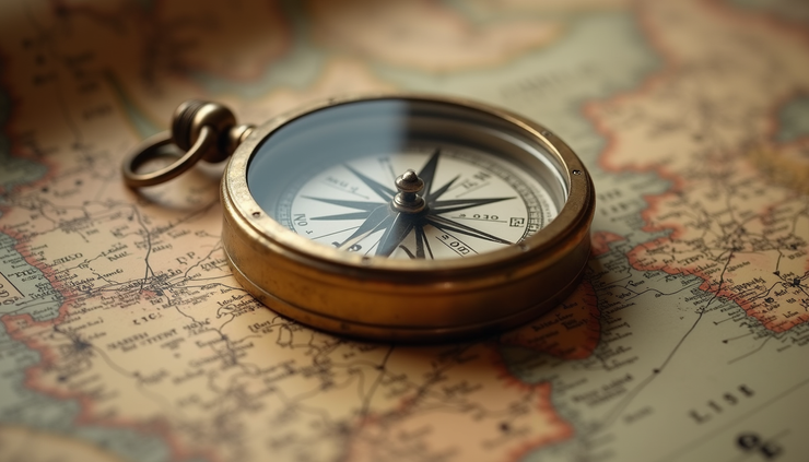 צילום בזווית עין של מצפן ישן על מפה ישנה