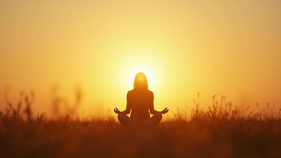Vista frontal de uma pessoa meditando em um campo aberto ao pôr do sol