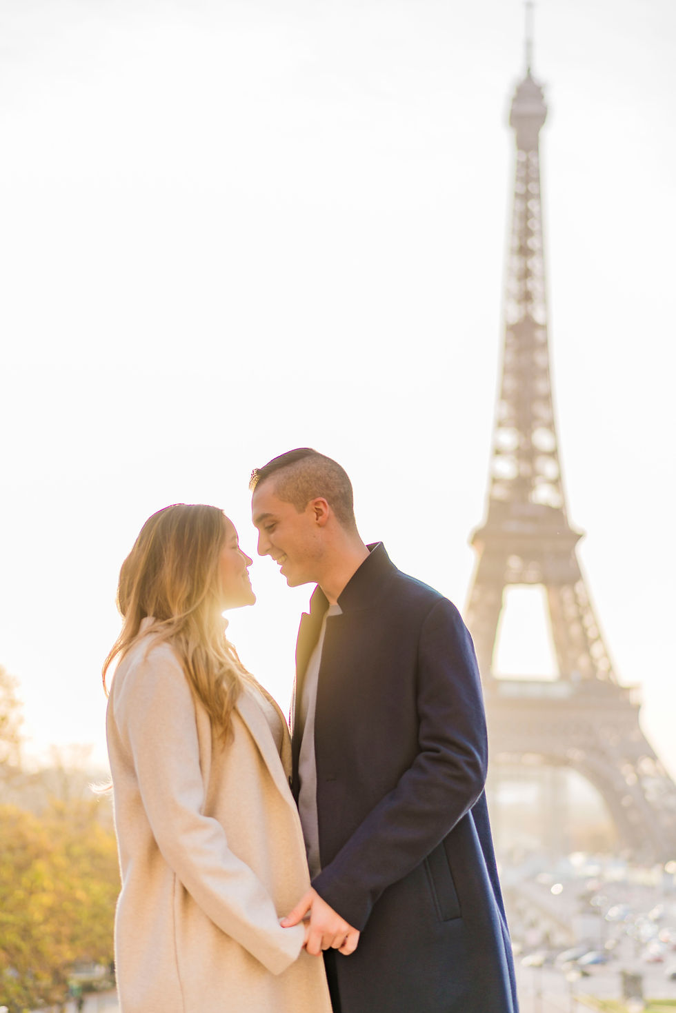 Man proposing to his girlfriend at Trocadero Gardens overlooking the Eiffel Tower