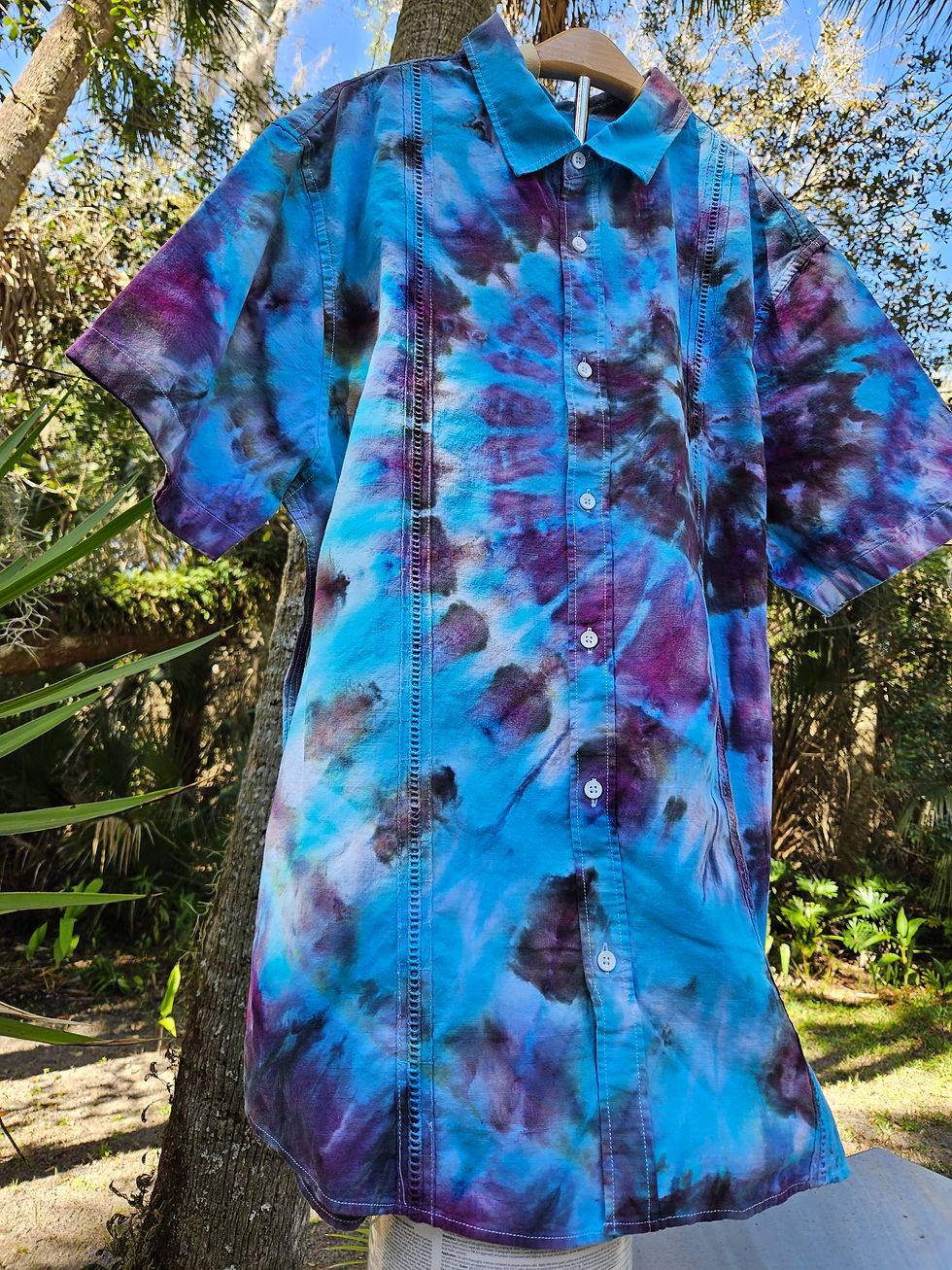 Thumbnail: Ice-Dyed Tie Dye Button Down Cuban Shirt - XL