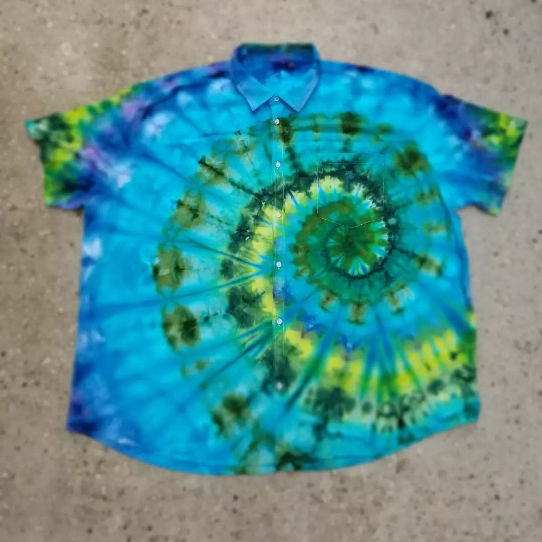 Ice-Dyed Tie Dye Button Down Cuban Shirt - 5X
