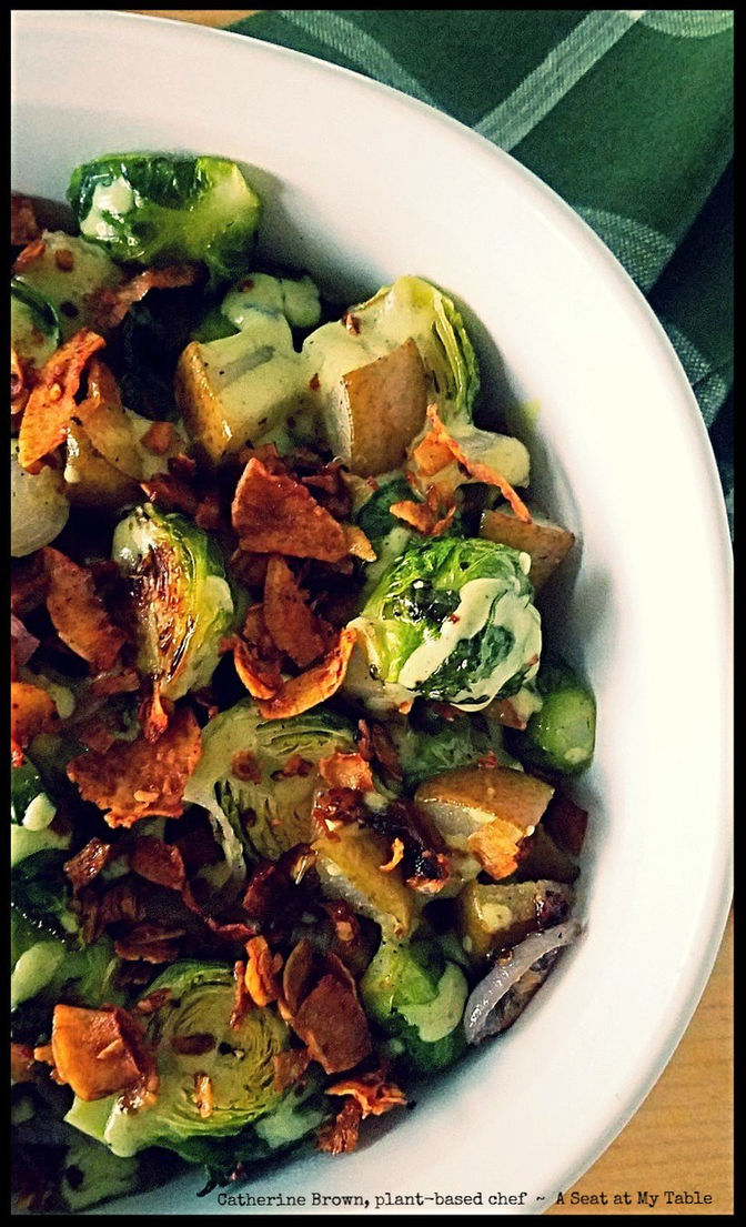 Roasted Brussels Sprouts, Pears and Shallots with Lemon Basil Dressing