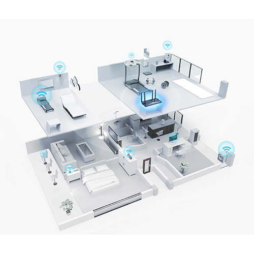 Miniatura: Aplicação de um EX220 Roteador AX1800 Wi-Fi 6 dentro de uma casa, simulando ondas de sinais em vários cômodos.