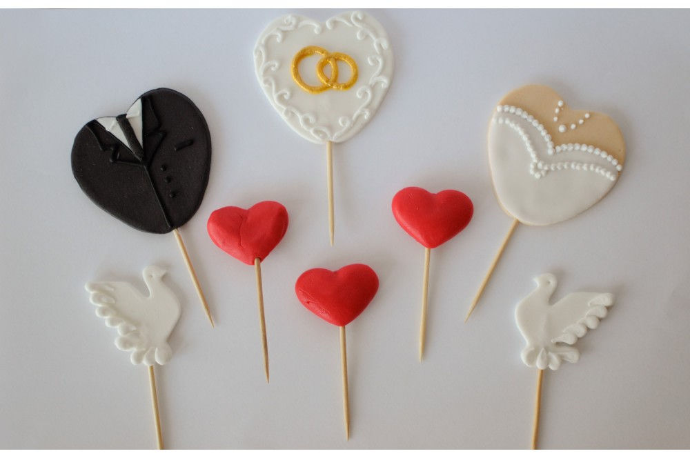 Cukrové zápichy svadobné srdiečka 8ks