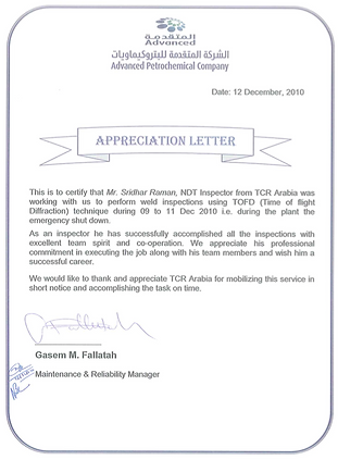 TCR Arabia - Advanced Petrochemical- ToFD Apprecia