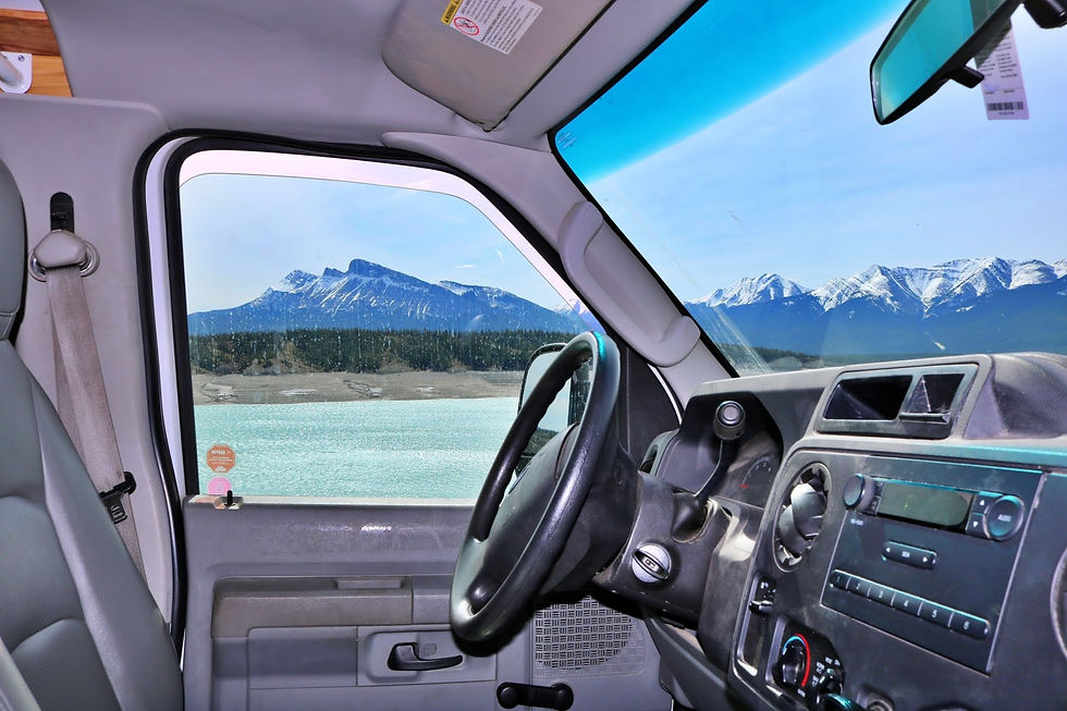 drivers seat in front on a road trip from Calgary to Jasper stopping at Abraham Lake not far from Jasper. 