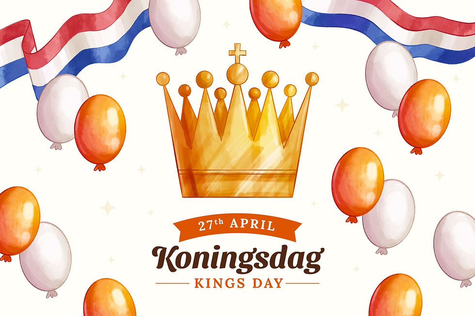 ilustração sobre o king's day, com bandeiras da Holanda, balões laranja e branco e uma coroa no centro