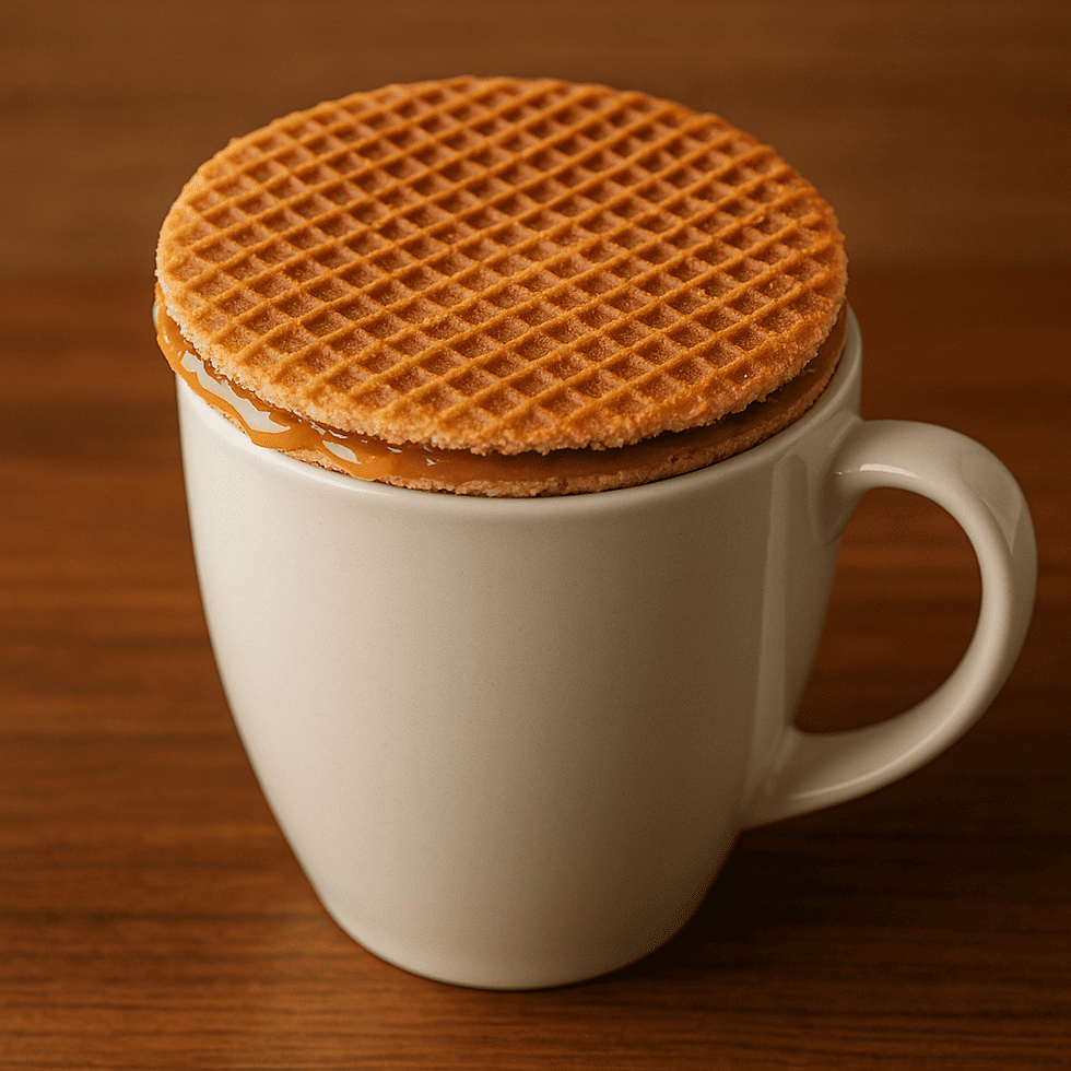 caneca com o stroopwafel em cima, derretendo o caramelo