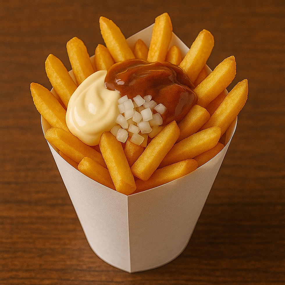 cone com patat, ketchup, maionese e cebola