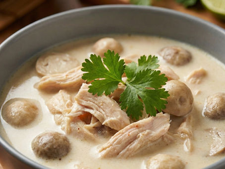 Close-up of authentic Tom Kha Gai soup at McCoy's Hull